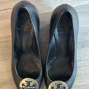 Black Tory Burch Wedge Heeled Shoe with Open Toe Size 8